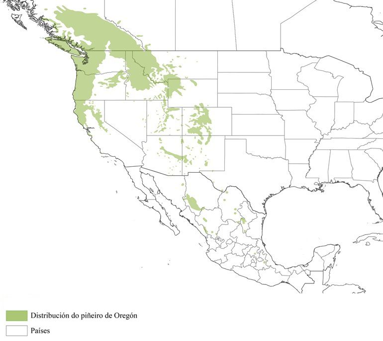 Distribución do piñeiro de Oregón en Norteamérica (Departamento de Agricultura dos Estados Unidos)